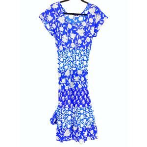 Soft Surroundings A-Line Tiered Midi Dress Womens Size PL Navy Blue White Floral